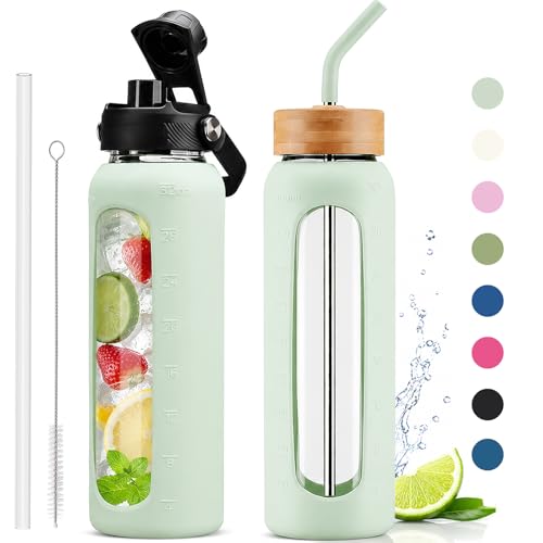 32 oz Glass Water Bottle with Straw – 2 Lids (Bamboo & Spout Lid), 1L Motivational Borosilicate Glass Daily Water Intake Bottle with Time Marker, Silicone Sleeve for Home Office-Light Green - color: Light Green, size: 32 Ounces