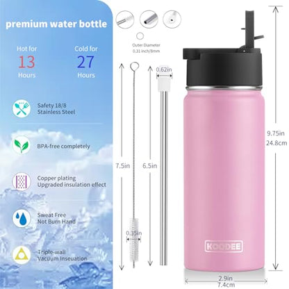 koodee 16 oz Water Bottle Stainless Steel Double Wall Vacuum Insulated Flask Kids Sports Water Bottle with Leakproof Straw Lid (Pink - color: pink-A, size: 16 Ounces