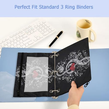 2 Pack Chic Musical Notes Treble in Heart Black 3 Ring Binder Pencil Pouch Bags,Clear Window Storage Case with Zipper for Boys Girls School Office Supplies Cosmetics Organizers