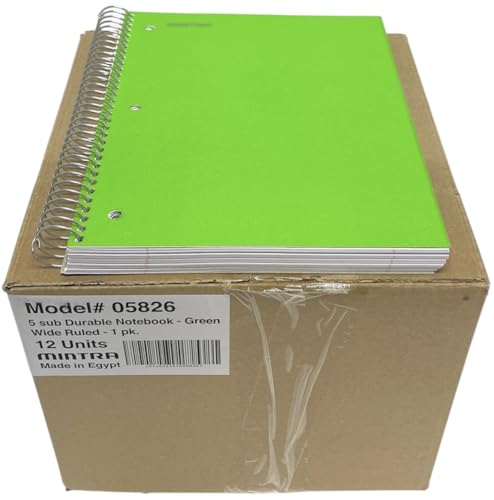 Mintra Office Durable Spiral Notebooks, 5 Subject (Green, Wide Ruled 12pk) - color: Green, size: Wide Ruled 12pk