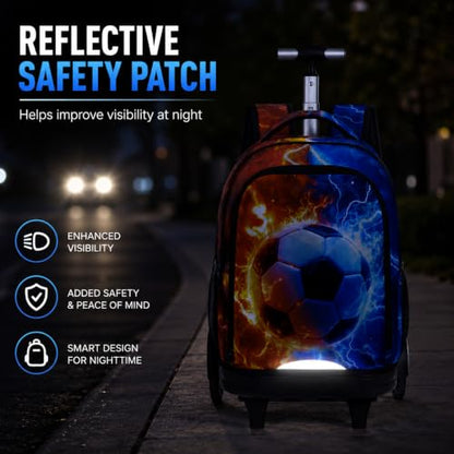 gxtvo Large Wheels & Quiet Glide | Rolling Backpack for Kids - Water-Resistant Wheeled Bag with Lunch Box for School, Travel & Outings - Fire & Lightning Soccer - color: Rolling Backpack Fire Lightning Soccer