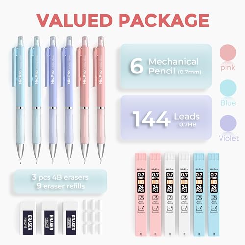 Nicpro 6PCS Cute Mechanical Pencil Set with Case, 0.7 mm Mechanical Pencils with 6 Tube HB Lead Refill, 3PCS Eraser, 9PCS Eraser Refill for School Supplies Student Writing, Drafting Drawing Sketching - style: 6 Pack (0.7mm)