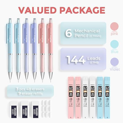 Nicpro 6PCS Cute Mechanical Pencil Set with Case, 0.7 mm Mechanical Pencils with 6 Tube HB Lead Refill, 3PCS Eraser, 9PCS Eraser Refill for School Supplies Student Writing, Drafting Drawing Sketching - style: 6 Pack (0.7mm)