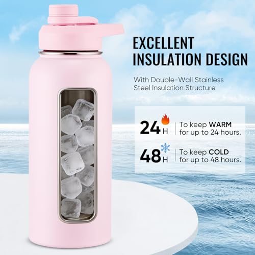 Fijinhom Insulated Water Bottle with Handle, 304 Stainless Steel Water Bottles with Wide Mouth, Double Wall Vacuum Sports Water Bottle, BPA Free, Keep Cold and Hot, 32 Ounces Pink - color: Pink, size: 32 Ounces