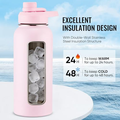 Fijinhom Insulated Water Bottle with Handle, 304 Stainless Steel Water Bottles with Wide Mouth, Double Wall Vacuum Sports Water Bottle, BPA Free, Keep Cold and Hot, 32 Ounces Pink - color: Pink, size: 32 Ounces