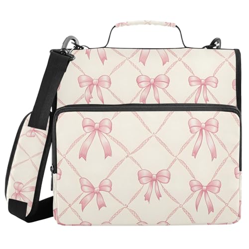 Pink Bow Rhombus Plaid Pattern Zipper Binder 3 Ring Binder with Shoulder Strap 500 Sheet Capacity Storage Organizer File Folder - color: Multicolored-8
