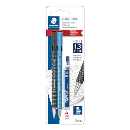 STAEDTLER Triplus Micro Mechanical Pencils, 1.3mm #2 Lead with Twist Eraser, Ergonomic Triangular Grip, Includes 6 Refills, Break-Resistant Lead, 2-Pack - size: 3 Count (Pack of 1)