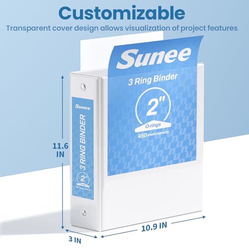 SUNEE 2 Inch Binders 3 Ring 4 Pack, PVC-Free Clear View 2" Binders (Fits 8.5x11 Inches) for School, Office & Home Use, White - color: White, size: 2 Inch, style: 4 Pack