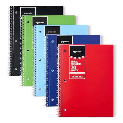 Amazon Basics College Ruled Spiral Notebook, For Work and School, 70 Sheets, 8" x 10.5", Assorted Solid Colors, 5 pack - color: Assorted Solid Colors, style: College Ruled 5-pack