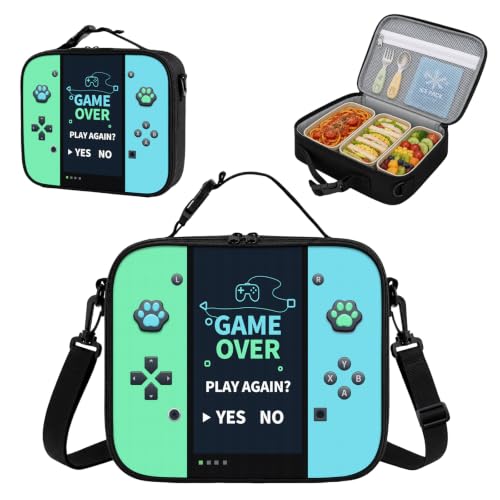 Game Console Insulated Lunch Bag lonchera for Teen Boys Girls Kids, Reusable Large Capacity Gamer Lunch Box with name tag, Adjustable Strap for School Office Picnic, Portable Waterproof Leakproof - color: Blue
