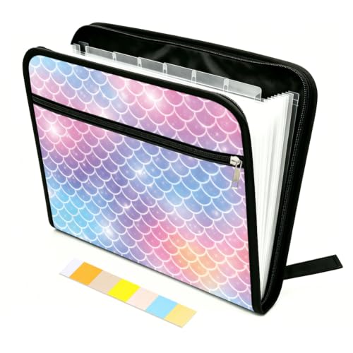 WEBEEDY 13 Pockets Expanding File Folder with Labels and Zipper, Portable Accordion File Organizer Paperwork Folder for Documents A4 Paper Receipt Travel Office, Back to School (Mermaid Scales)