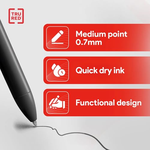 TRU RED Retractable Gel Pens, Medium Point 0.7mm, Black Ink, 5 Pack – Quick‑Dry Pens for No‑Smear Notes & Office Writing - color: Black, size: 5 Pack, style: Medium Point