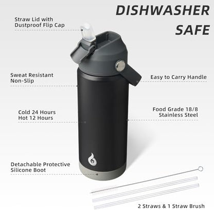 BJPKPK Insulated Water Bottle with Straw Lid, 18oz Thermo Water Bottles with Soft Nozzle, Flex Handle & Non-slip Boot, BPA Free Leak Proof Stainless Steel Metal Thermo, Tumblers, Cups,Black - color: Black, size: 18 Ounces
