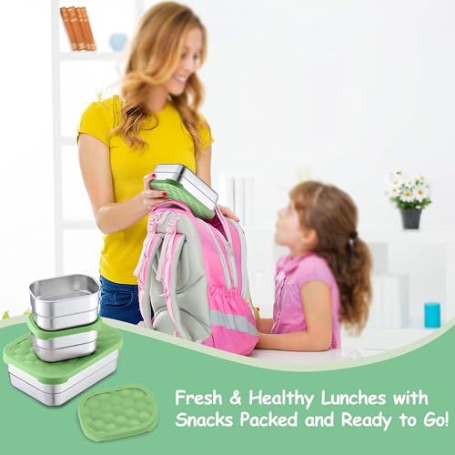 Homikit 3 Pack Kids Lunch Box Set, 18/10 Stainless Steel Bento Boxes with Silicone Lids Leak Proof, 5 Cups Reusable Metal Food Snack Containers for School Daycare, Nontoxic & Dishwasher Safe, Green - color: Green, size: Medium