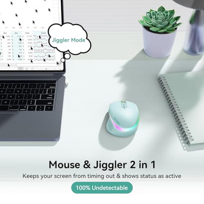 TECKNET Wireless Mouse Jiggler, Rechargeable Mouse with Built-in Mouse Mover, 6 Adjustable DPI & 14 LED Modes, Silent Click, Undetectable Random Movement Keeps Computer Awake for Laptop/PC/Mac- Green - color: Green