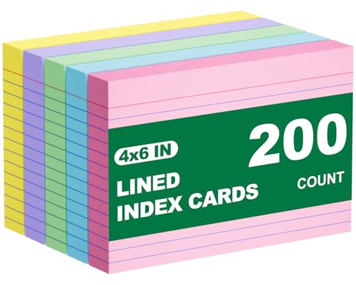 4x6 Index Cards, 200 Count Note Cards 4x6 Ruled Flashcards for Studying, Colored Notecards 4 x 6 Index Card Single-Side Lined Flash Cards for Studying School Office Home, 5 Colors, 5 Pack of 40 Sheets - color: Multicolored-4x6-200