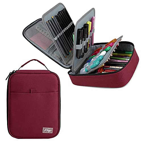 Kasqo Large Pencil Case, 60-80 Pens 54-Slot Marker Organizer with Top Handle, Water Resistant Art Supply Pouch for Girls Women Students Artists School Office College, Burgundy - color: red