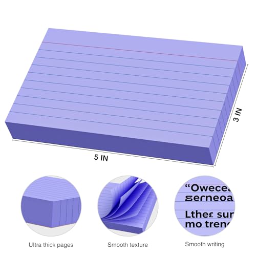 250 Count Index Cards 3x5 Inch 180gsm, Heavy Weight Purple Color Flash Card (50 Sheets Each), Note Taking for Students, Teachers, Professionals, Study Note Cards for Office Home School - color: Purple