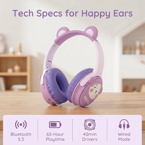 [65H Playtime] Cute Animal Ear Kids Bluetooth Headphones for Girls Women, Wireless Headphones with Microphone, Foldable Over-Ear Headset for School Travel, Purple - color: Purple