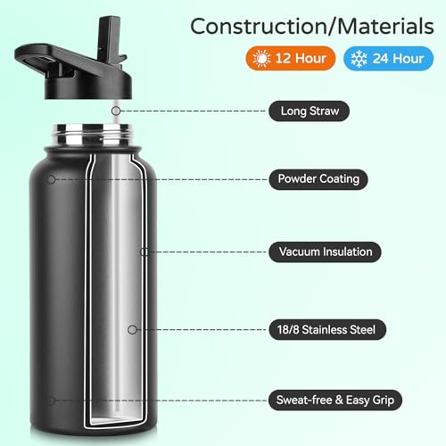 DOMICARE 32 oz Insulated Water Bottle, Vacuum Insulated Stainless Steel Sports Water Bottle with Straw Lid & Spout Lid, Leakproof, Reusable - Travel, Camping, Bike, Black - color: Black, size: 32 Ounces