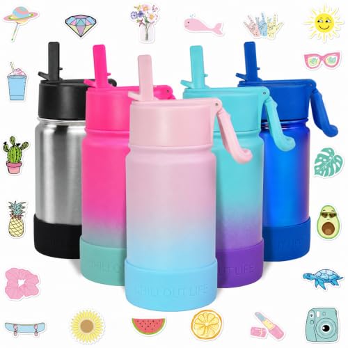 CHILLOUT LIFE 12oz Kids Insulated Stainless Steel Water Bottle with Leak Proof Straw Lid & 144 Stickers - color: Cotton Candy, style: 12 oz