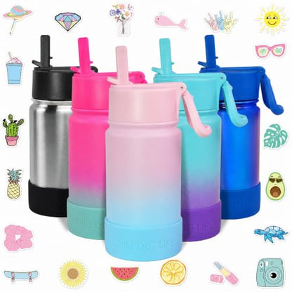 CHILLOUT LIFE 12oz Kids Insulated Stainless Steel Water Bottle with Leak Proof Straw Lid & 144 Stickers - color: Cotton Candy, style: 12 oz