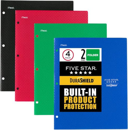 Five Star DuraShield Antimicrobial 2 Pocket Stay-Put Plastic Folders, 4 Count, Holds 11" x 8-1/2", Color May Vary (330010) (Pack of 6) - size: 2-Pocket Folders (Pack of 6), style: Folder