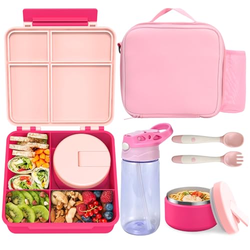 Kids Bento Lunch Box with 8oz Soup Thermo, Water Bottle, Leakproof Lunch Food Containers with 4 Compartment, Kids Insulated Hot Food Jar with Lunch Bag for School(Pink) - color: Pink
