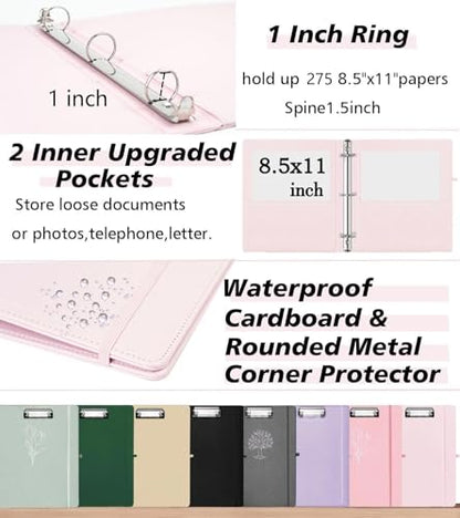 3 Ring Binder, 1 Inch Leather Binders with Clipboards, 5-Tabs Pockets Dividers, 18 Divider Stikers, Plastic Folder, Pen Holder, Three Ring Binder with Pen Holder(Pink, Letter Size) - color: Pink, size: 1in（Letter Size）
