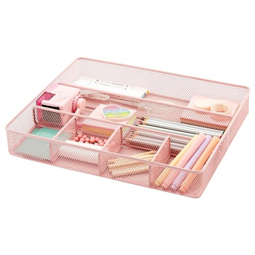 Annova Desk Top Organizer Tray for Office Organization - Metal Mesh - Storage Tray with Dividers for Pens, Desktop Accessories, Bathroom, Kitchen, Makeup and Office Supplies (Large, Light Pink) - color: Light Pink, size: Large