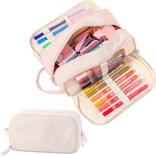 3 Compartment Pencil Case, Extra Large Capacity School Supplies Pencil bag with Easy Handle, Soft Corduroy Pencil Pouch, Aesthetic Supply Pen Case Bag Organizer For Teen Girls College (Beige) - color: Beige