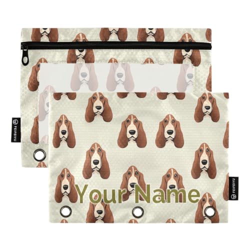 Custom Name Basset Hound Dog Heads Pencil Pouch for 3 Ring Binder Zipper Personalized Name Pencil Case for School Office 2 Packs - color: Custom Basset Hound Dog Heads