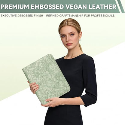 Leathario Portfolio Binder, Includes 5 Sheet Protectors and a Pen, 13 Inch Tablets Organizer, Vegan Leather A4 Padfolio, Multi-Pocket Notepad Business Planner Professional Document - color: Relief Green