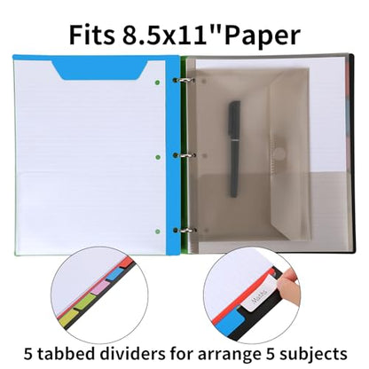 Pivotable Refillable Notebook, 1 Inch 3 Ring Notebook Binder, 50 College Ruled Paper, 5 Subject Notebook with Dividers and Folder Pockets, Tabs- Blue - color: Blue, size: 1 PCS