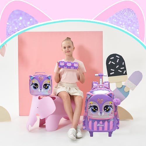 Meetbelify Rolling Backpack for Girls Backpacks with Wheels for Elementary Preschool Students Kids 3 in 1 Travel Luggage Carry on Suitcase for Girls Age 8-10 - color: Purple 01
