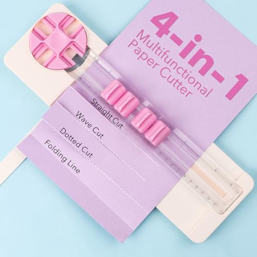 4-in-1 Paper Trimmer, 4Style Multi-Function Scrapbooking Tool with Dial Blades of Straight, Wave, Dotted, Perforated, Creasing, 9" Craft Paper Cutter for Cutting Carstock,Coupons,Photos,Scrapbook Card - color: Pink