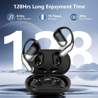 Open Ear Clip Wireless Earbuds Bone Conduction Headphones, Bluetooth,Built-in Mic, Waterproof, LED Display ,Ear Hooks Ear Buds Ultra-Comfort Earphones Design for Running walking,office,birthday gift - color: Black