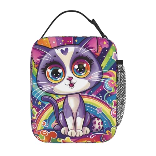 Cute Cat Lunch Box for Kids Aldults, Colorful Cartoon Reusable Thermal Insulation Cooler Tote Bags, Rainbow Star Big Eye Kitten Insulated Bag for Student, School Picnic Camping Travel, Gifts - color: Cat01