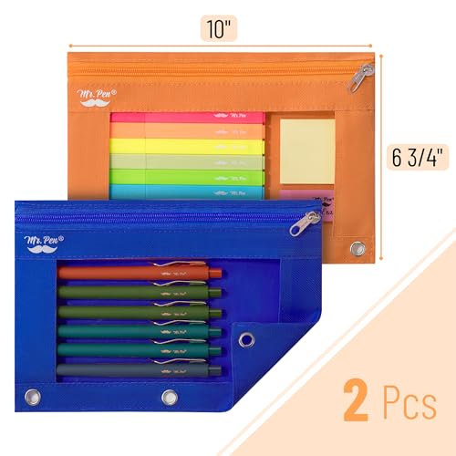 Mr. Pen- Pencil Pouch for 3 Ring Binder, 2 Pack, 10"x6.75", Smooth Zipper | Clear Window, Large Capacity Pencil Case with 3 Reinforced Grommets for School, Office, Supplies Storage | Clear Window, Large Capacity Pencil Case with 3 Reinforced Grommets for