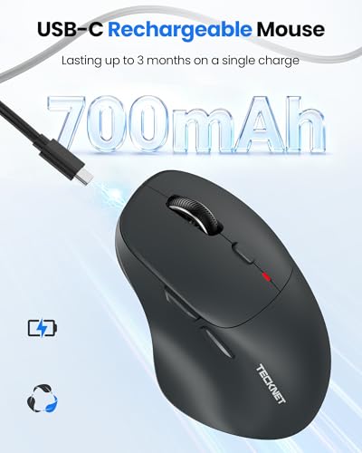 TECKNET Wireless Mouse Bluetooth 5.0/3.0 & 2.4G Rechargeable, Silent Clicks, Adjustable 4800 DPI, 6 Buttons, Ergonomic Design, Bluetooth Mouse for Laptop, Computer, ipad - Gray - color: Gray