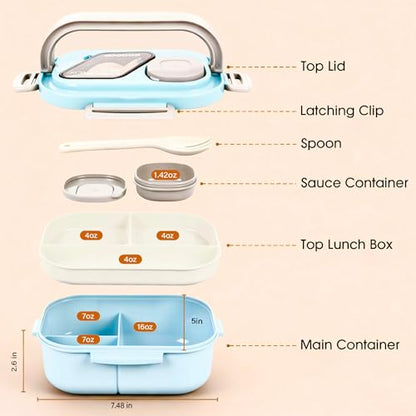PEDECO Blue Bento Box with Bag, 2-Tier Stackable with Utensils & Sauce Box | 3 compartments prevent food mixing,Portable sauce pod included,Microwave safe,BPA-free, for adults, kid, work, travel,pinic - color: Blue