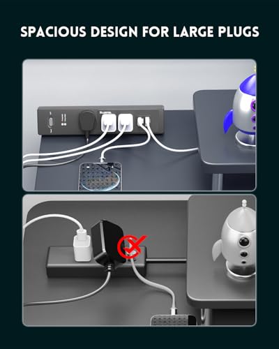PLUGTUL Desk Clamp Power Strip, 10 FT, 3 Outlet, PD 20W Fast Charging, Flat Plug, 14 Gauge, 980J Surge Protector, Black, USB C, Fit 1.72" Tabletop Edge - size: 10FT