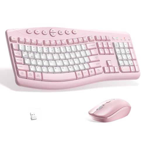 Wireless Keyboard and Mouse Combo,2.4G Full Size Ergonomic Curved Silent Keyboard with Fn Multimedia Keys for Office and Home, 3-DPI Quiet Mouse for Windows,Mac OS Desktop/Laptop/PC (Light Pink-B) - color: Light pink-B