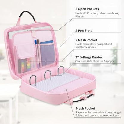 Zipper Binder 3 Ring 3-inch with Shoulder Strap & Backpack Straps, Large Zip Up Binder700 Sheets Capacity, Pink
