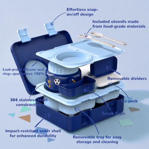 Kids Lunch Box with Thermo, Leakproof Bento Box for Kids with 8OZ Insulated Food Jar, Ice Pack, Sauce Cup, Utensils, Removable Tray & Dividers for School Daycare Travel (Football) - color: Football