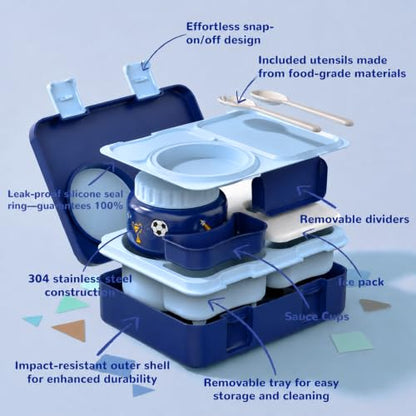 Kids Lunch Box with Thermo, Leakproof Bento Box for Kids with 8OZ Insulated Food Jar, Ice Pack, Sauce Cup, Utensils, Removable Tray & Dividers for School Daycare Travel (Football) - color: Football