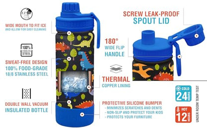 CHILLOUT LIFE 17oz Kids Insulated Stainless Steel Water Bottle with Leak Proof Spout Lid & 144 Stickers - color: Dinosaur, style: 17 oz