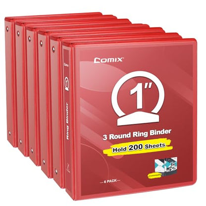 COMIX 3 Ring Binder 1 inch with Clear View Cover, 1" View Binder Holds 200 Sheets of US Letter Size Paper, 6 Pack (Red) - color: Red, size: 1 inch, style: 6-Pack