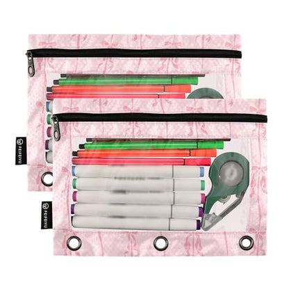 Pink Ribbons Bow Pencil Pouch for 3 Ring Binder 2 Pcs Binder Pouches with Zipper Pocket Pencil Case Bag with Clear Window for Office Work School Supplies - color: Pink Ribbons Bow