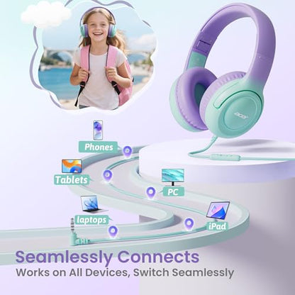 Acer Kids Headphones - 85/94dB Volume Limiter, Foldable Wired Over Ear Headphones for Travel, 3.5mm Jack, Toddler Headphones for School, Travel, iPad, Tablet, Purple Green, HK03 - color: Green-Purple Gradient